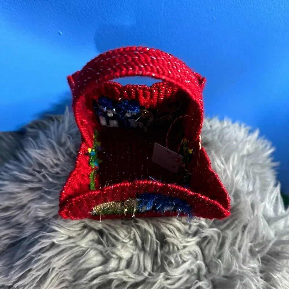 Handmade Christmas Gift Basket Red Glitter Yarn Hand Sewn Holiday Decor